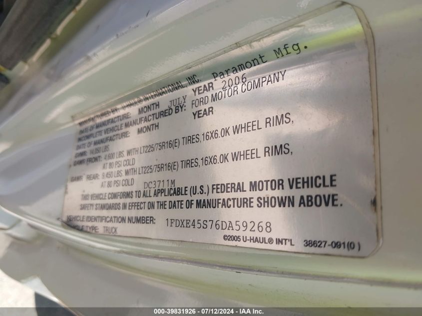2006 Ford Econoline E450 Super Duty Cutwy Van VIN: 1FDXE45S76DA59268 Lot: 39831926