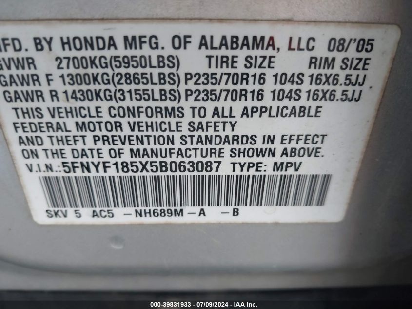 2005 Honda Pilot Ex-L VIN: 5FNYF185X5B063087 Lot: 39831933
