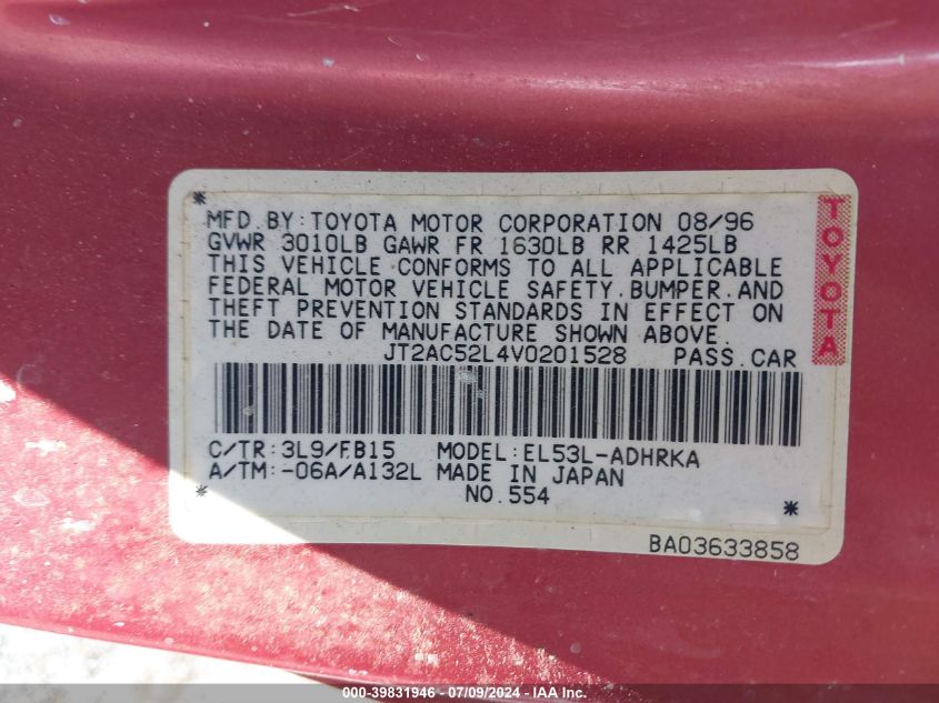 1997 Toyota Tercel Ce VIN: JT2AC52L4V0201528 Lot: 39831946