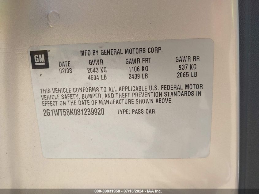 2008 Chevrolet Impala Lt VIN: 2G1WT58K081239920 Lot: 39831958