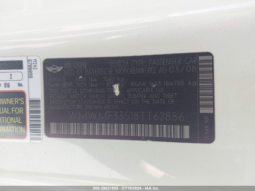 2008 Mini Cooper VIN: WMWMF33518TT62886 Lot: 39831959