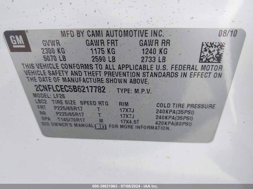 2011 Chevrolet Equinox Ls VIN: 2CNFLCEC5B6217782 Lot: 39831963