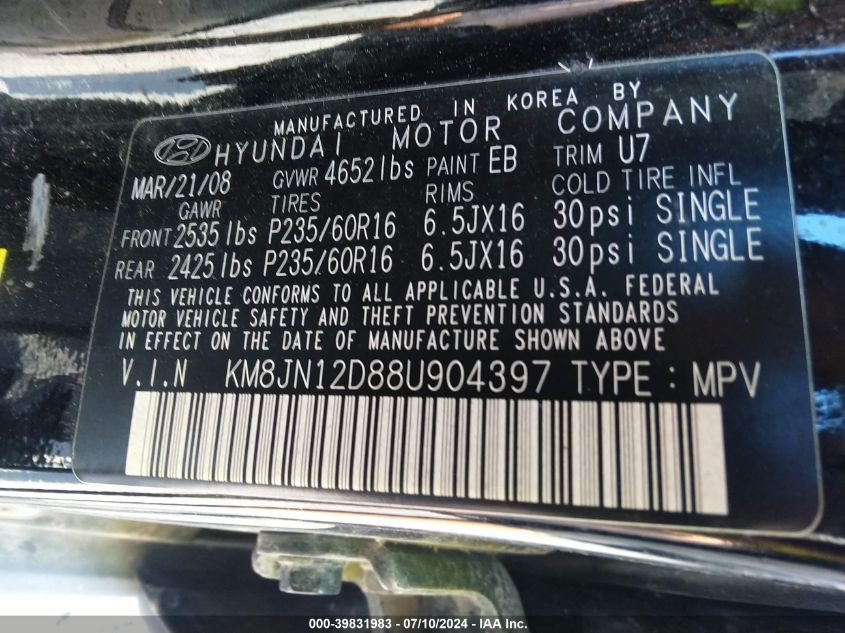 2008 Hyundai Tucson Limited V6/Se VIN: KM8JN12D88U904397 Lot: 39831983