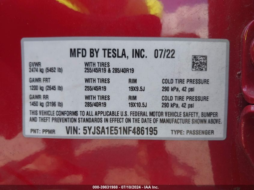 2022 Tesla Model S Dual Motor All-Wheel Drive VIN: 5YJSA1E51NF486195 Lot: 39831988