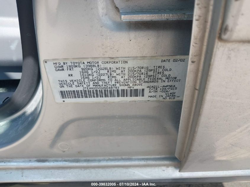 2002 Toyota Rav4 VIN: JTEHH20V026048743 Lot: 39832005