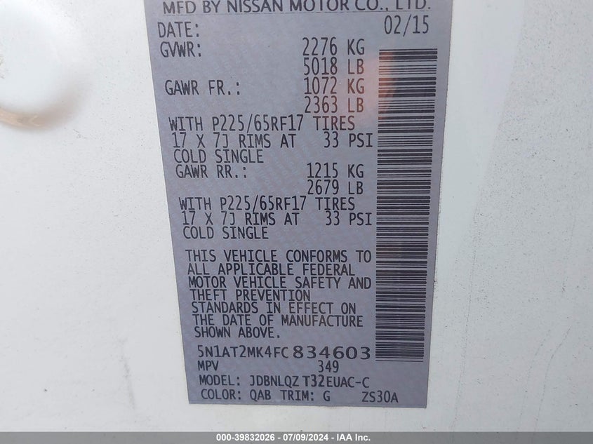 2015 NISSAN ROGUE SV - 5N1AT2MK4FC834603