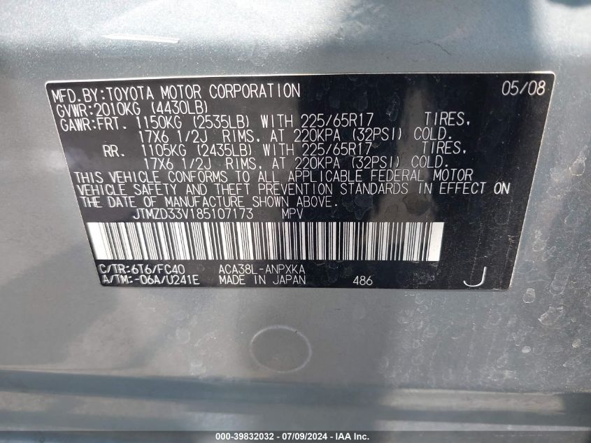 2008 Toyota Rav4 VIN: JTMZD33V185107173 Lot: 39832032