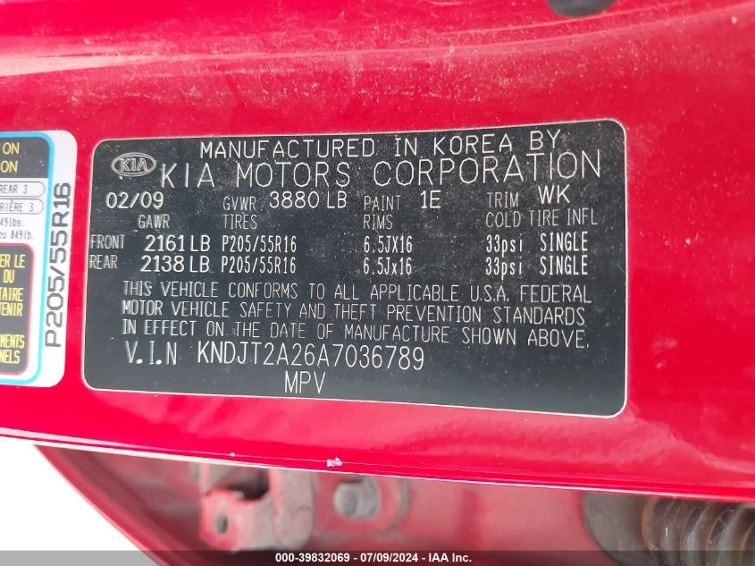 2010 Kia Soul + VIN: KNDJT2A26A7036789 Lot: 39832069