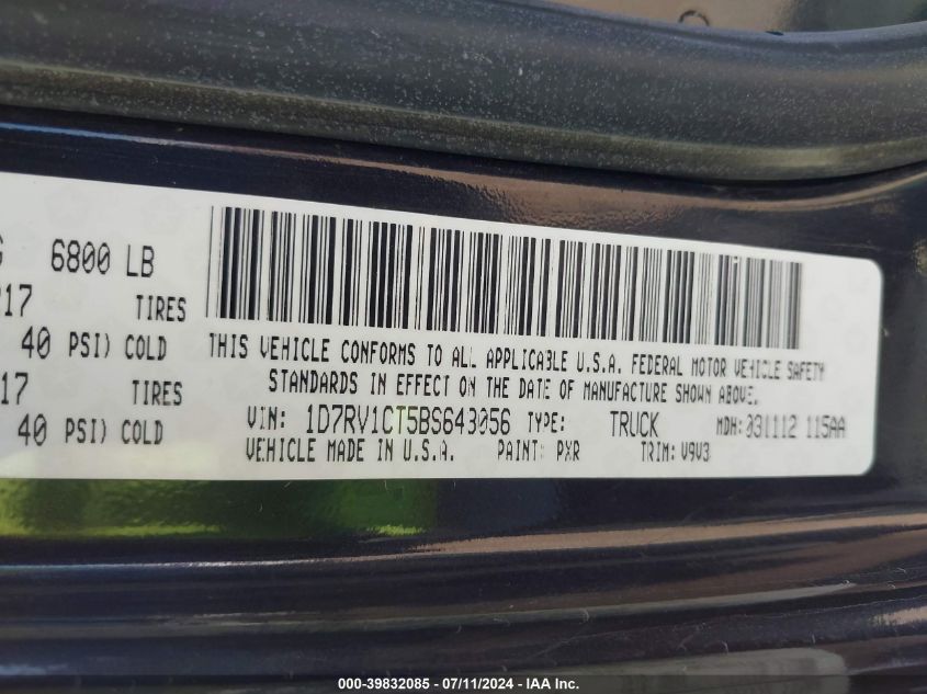 2011 Ram Ram 1500 St VIN: 1D7RV1CT5BS643056 Lot: 39832085