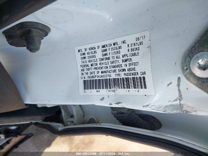 2018 Acura Tlx VIN: 19UUB2F34JA003750 Lot: 39832099