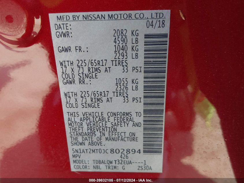 2018 Nissan Rogue Sv VIN: 5N1AT2MT0JC802894 Lot: 39832105