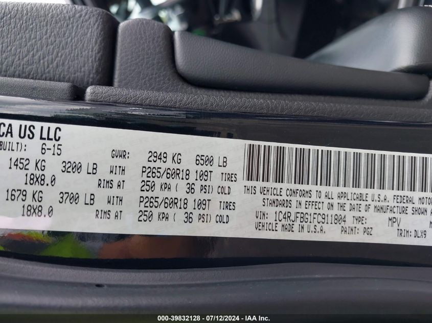 2015 Jeep Grand Cherokee Limited VIN: 1C4RJFBG1FC911804 Lot: 39832128