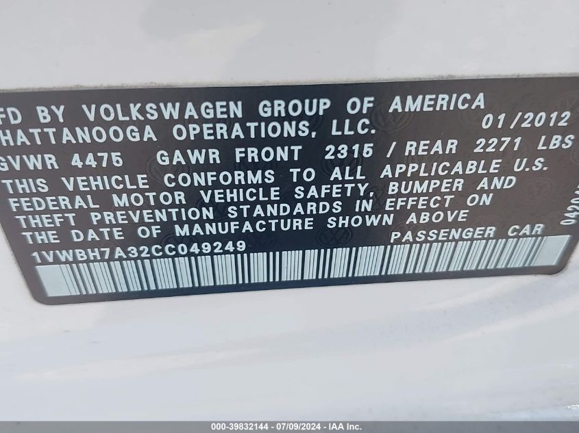 2012 Volkswagen Passat 2.5L Se VIN: 1VWBH7A32CC049249 Lot: 39832144