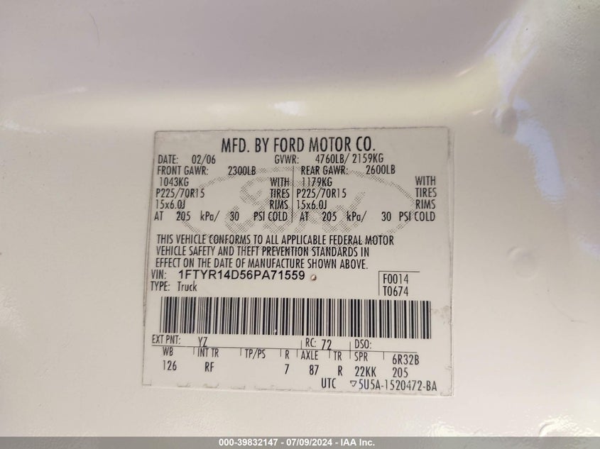 2006 Ford Ranger Xl/Xlt VIN: 1FTYR14D56PA71559 Lot: 39832147