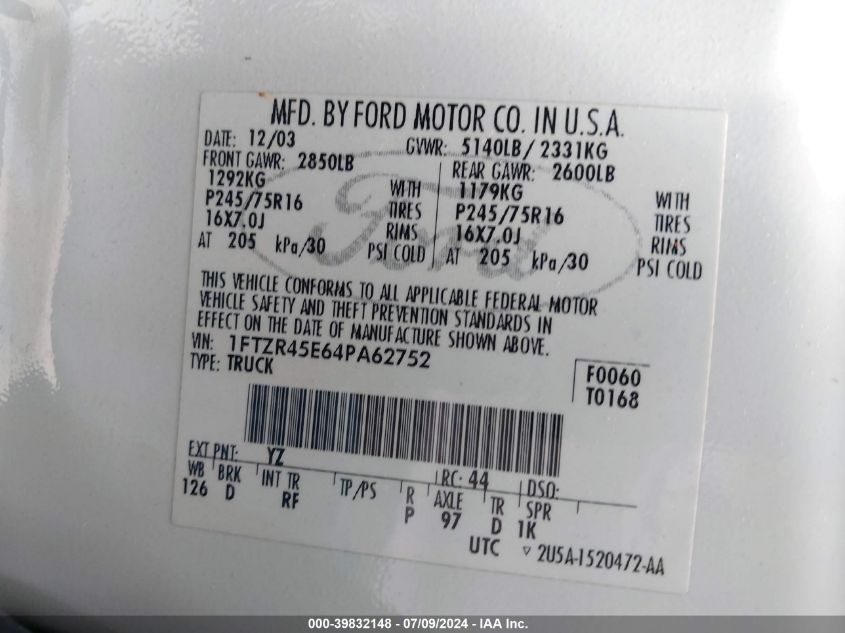 2004 Ford Ranger Super Cab VIN: 1FTZR45E64PA62752 Lot: 39832148