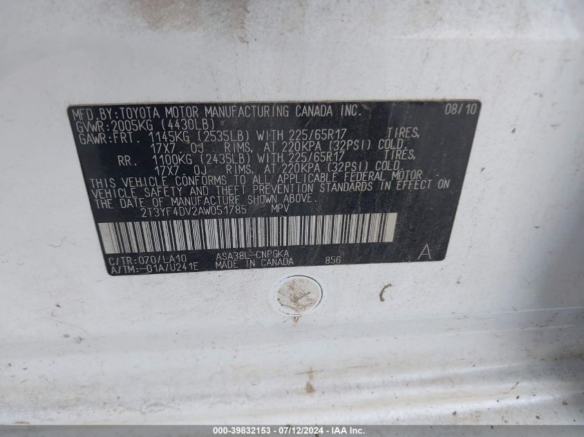 2010 Toyota Rav4 Limited VIN: 2T3YF4DV2AW051785 Lot: 39832153