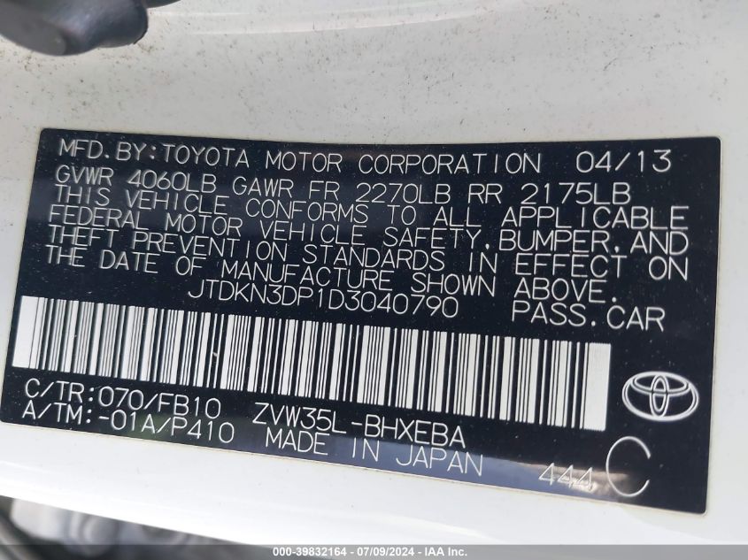 2013 Toyota Prius Plug-In VIN: JTDKN3DP1D3040790 Lot: 39832164