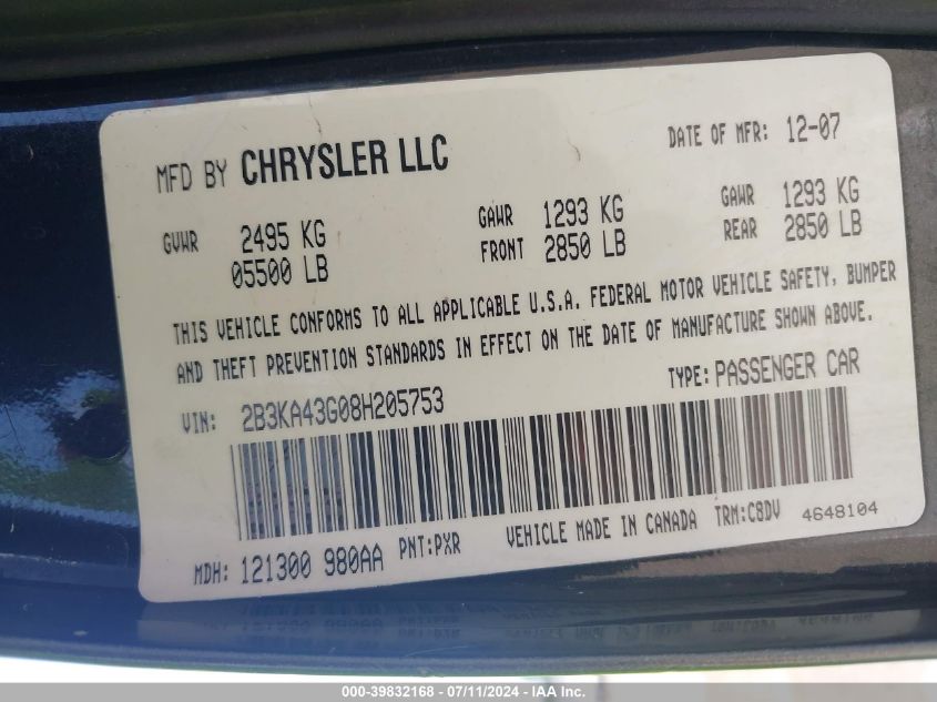 2008 Dodge Charger VIN: 2B3KA43G08H205753 Lot: 39832168