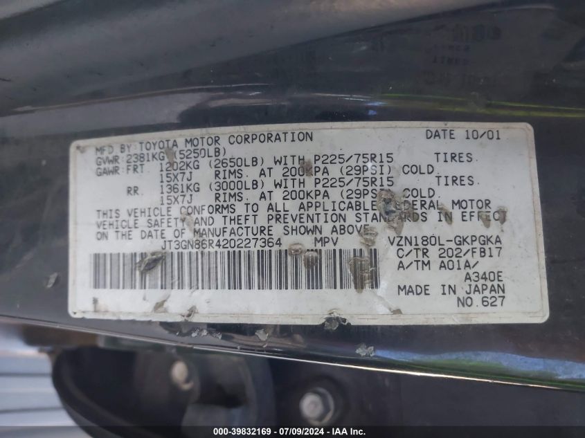 2002 Toyota 4Runner Sr5 V6 VIN: JT3GN86R420227364 Lot: 39832169