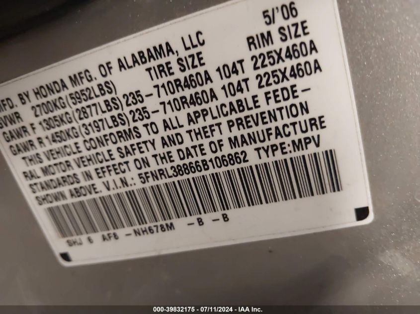 2006 Honda Odyssey Touring VIN: 5FNRL38866B106862 Lot: 39832175