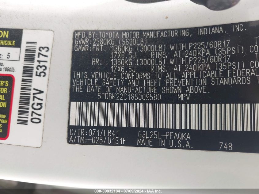 2008 Toyota Sienna Limited VIN: 5TDBK22C18S009580 Lot: 39832184