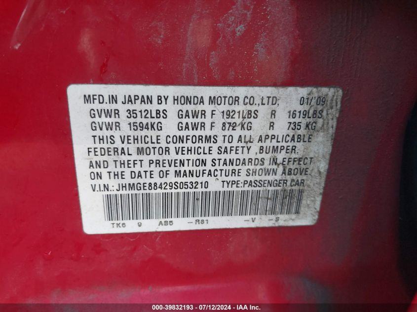 2009 Honda Fit Sport VIN: JHMGE88429S053210 Lot: 39832193