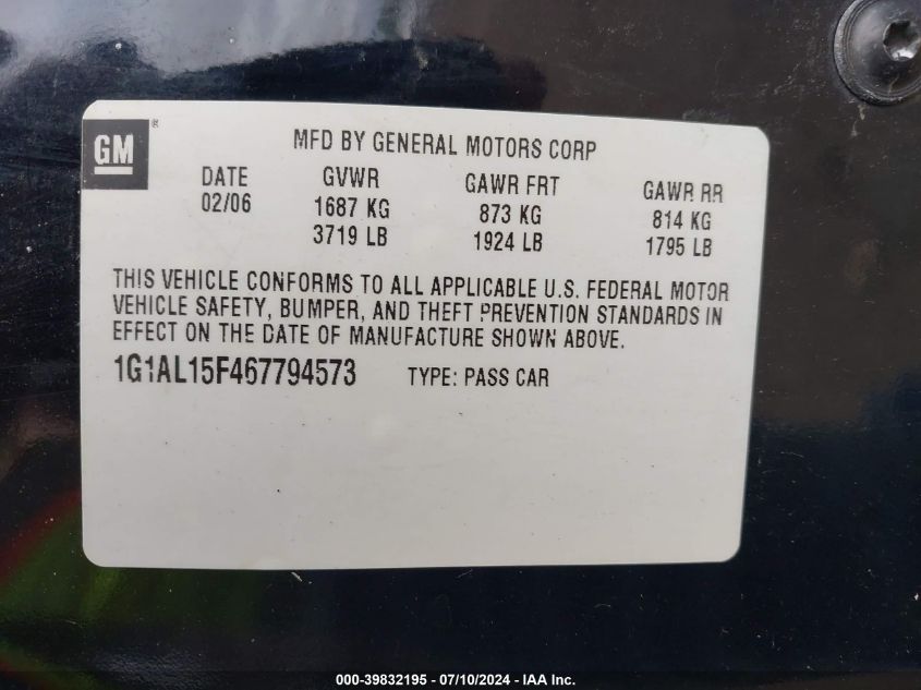 2006 Chevrolet Cobalt Lt VIN: 1G1AL15F467794573 Lot: 39832195