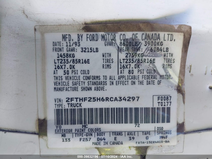 1994 Ford F250 VIN: 2FTHF25H6RCA34297 Lot: 39832196