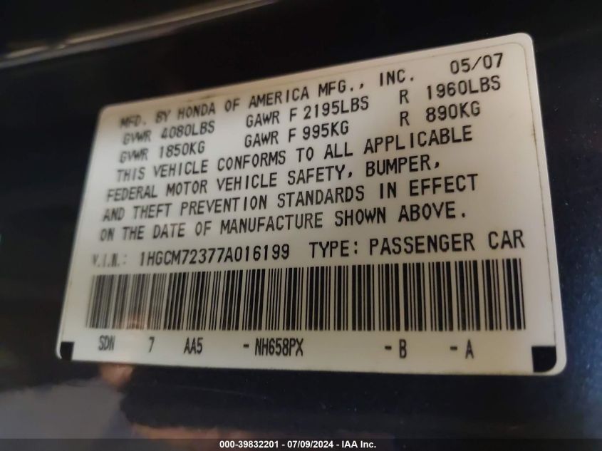 1HGCM72377A016199 | 2007 HONDA ACCORD