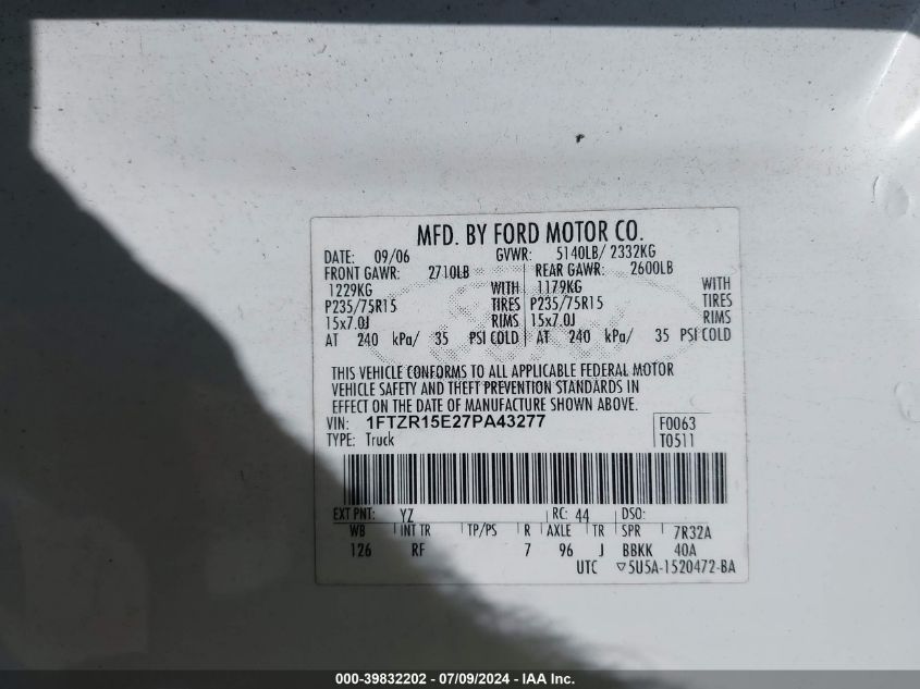 2007 Ford Ranger Fx4 Off-Road/Sport/Xl/Xlt VIN: 1FTZR15E27PA43277 Lot: 39832202