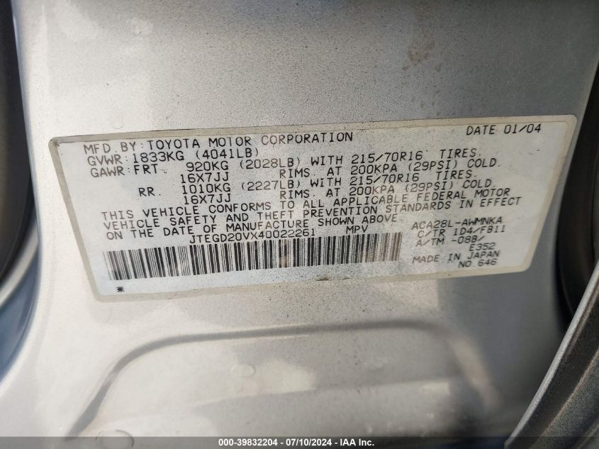 2004 Toyota Rav4 VIN: JTEGD20VX40022261 Lot: 39832204