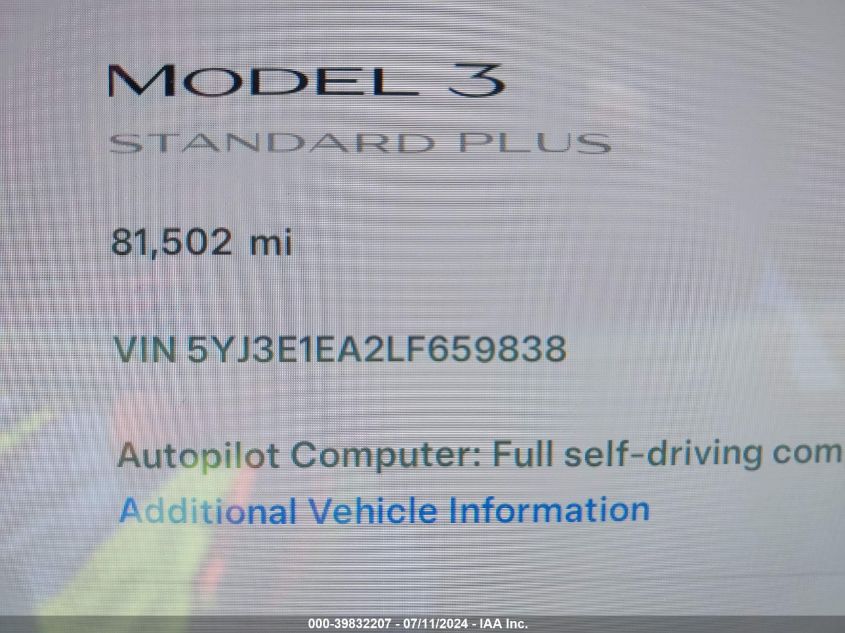 2020 Tesla Model 3 Standard Range Plus Rear-Wheel Drive/Standard Range Rear-Wheel Drive VIN: 5YJ3E1EA2LF659838 Lot: 39832207