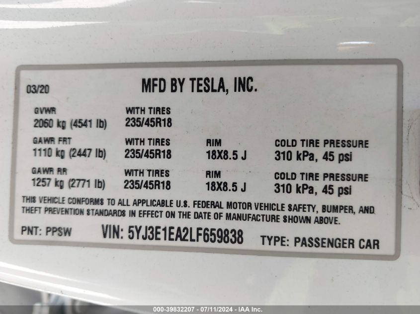 2020 Tesla Model 3 Standard Range Plus Rear-Wheel Drive/Standard Range Rear-Wheel Drive VIN: 5YJ3E1EA2LF659838 Lot: 39832207