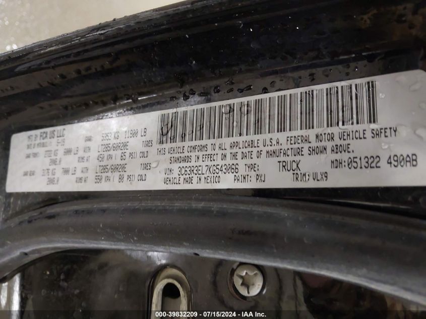 2019 Ram 3500 Laramie 4X4 6'4 Box VIN: 3C63R3EL7KG543066 Lot: 39832209