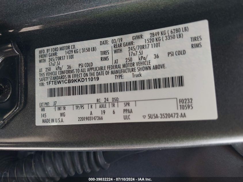 2019 Ford F-150 Xl VIN: 1FTEW1CB9KKD11019 Lot: 39832224