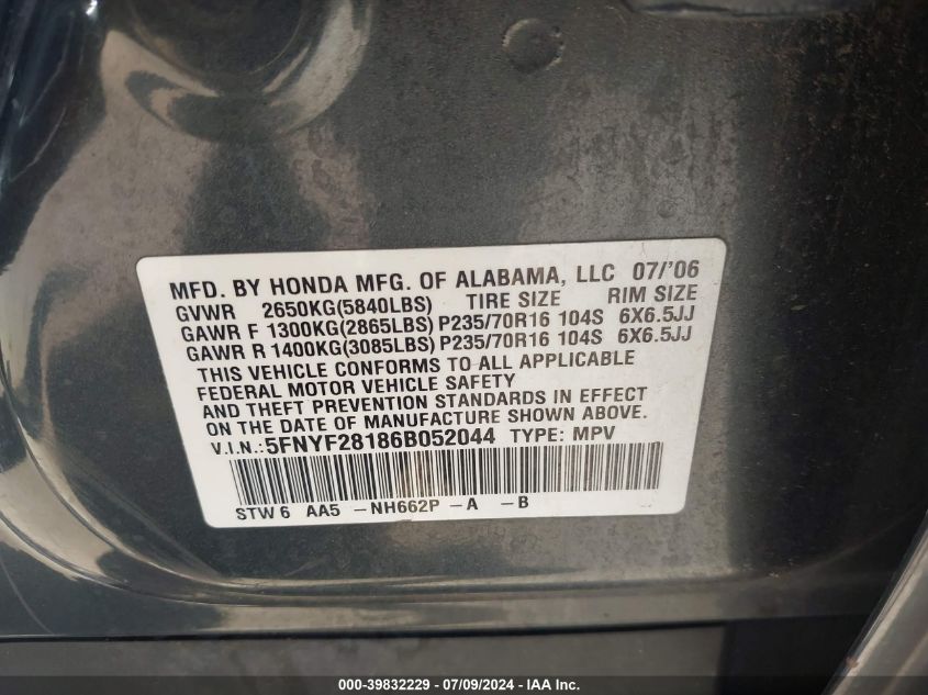 2006 Honda Pilot Lx VIN: 5FNYF28186B052044 Lot: 39832229