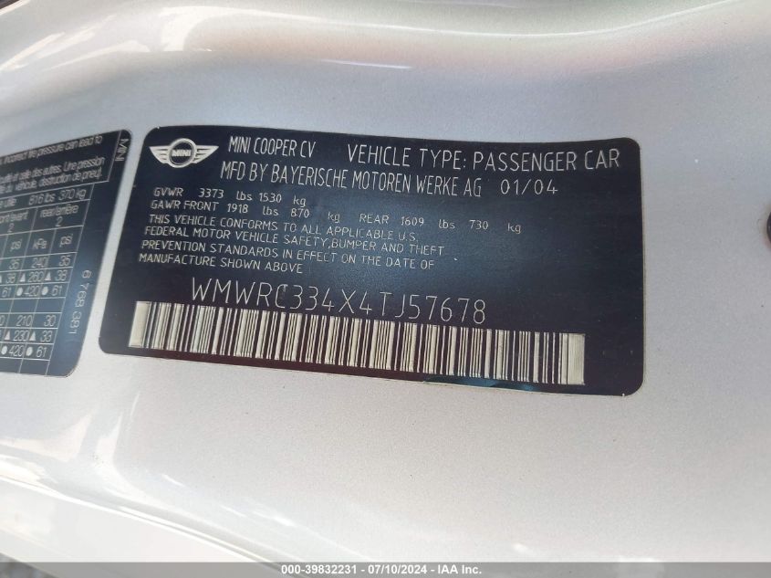 2004 Mini Cooper VIN: WMWRC334X4TJ57678 Lot: 39832231