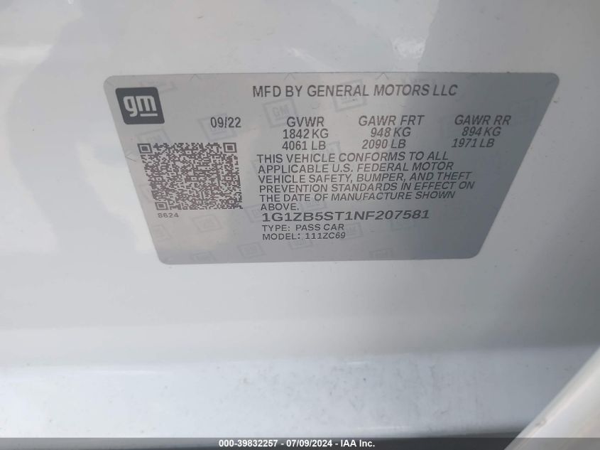 1G1ZB5ST1NF207581 | 2022 CHEVROLET MALIBU