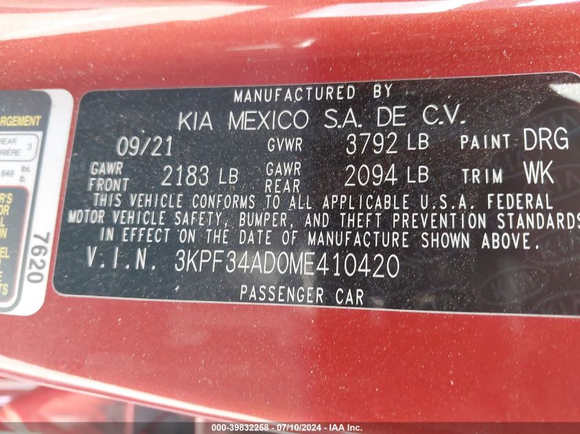 2021 Kia Forte Gt-Line VIN: 3KPF34AD0ME410420 Lot: 39832258