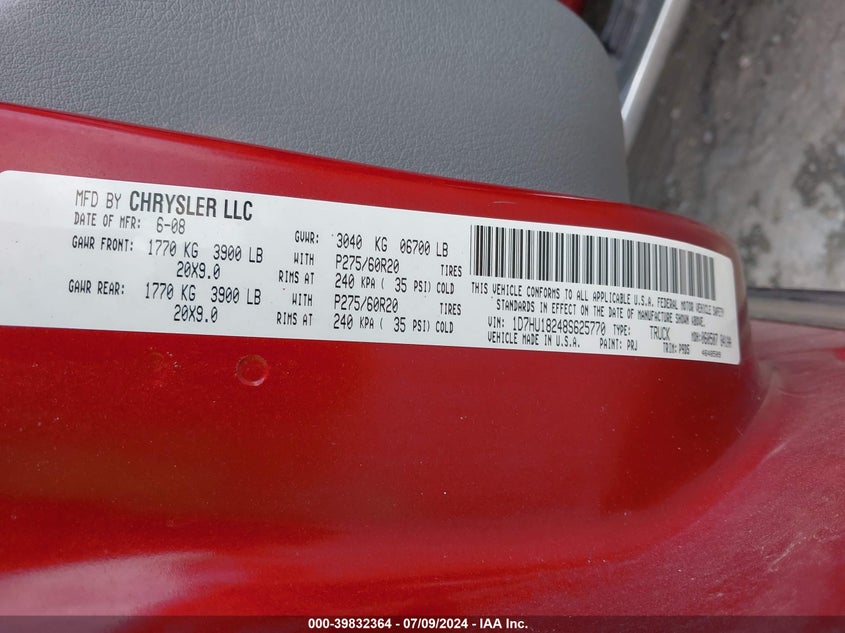 2008 Dodge Ram 1500 Slt VIN: 1D7HU18248S625770 Lot: 39832364