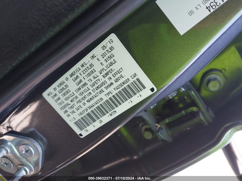 2010 Honda Accord 2.4 Lx VIN: 1HGCP2F39AA140339 Lot: 39832371