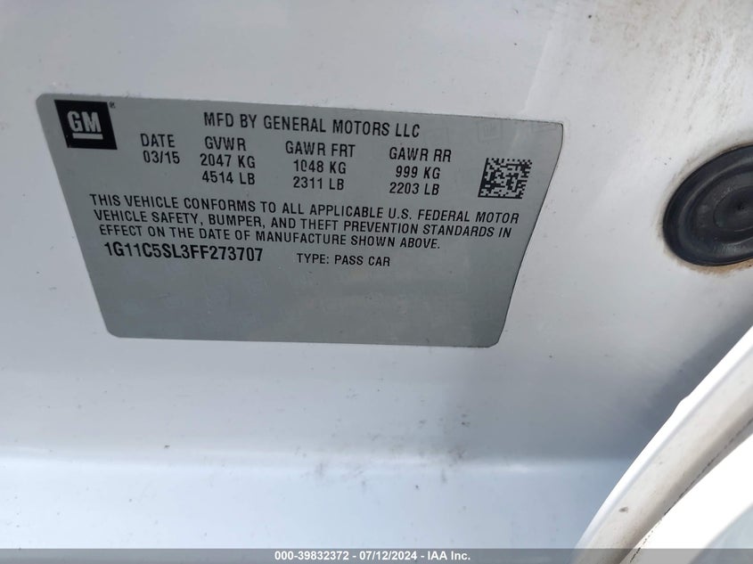 2015 Chevrolet Malibu 1Lt VIN: 1G11C5SL3FF273707 Lot: 39832372
