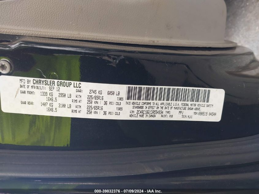 2013 Chrysler Town & Country Touring VIN: 2C4RC1BG1DR554934 Lot: 39832376