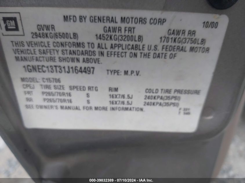 2001 Chevrolet Tahoe C1500 VIN: 1GNEC13T31J164497 Lot: 39832389