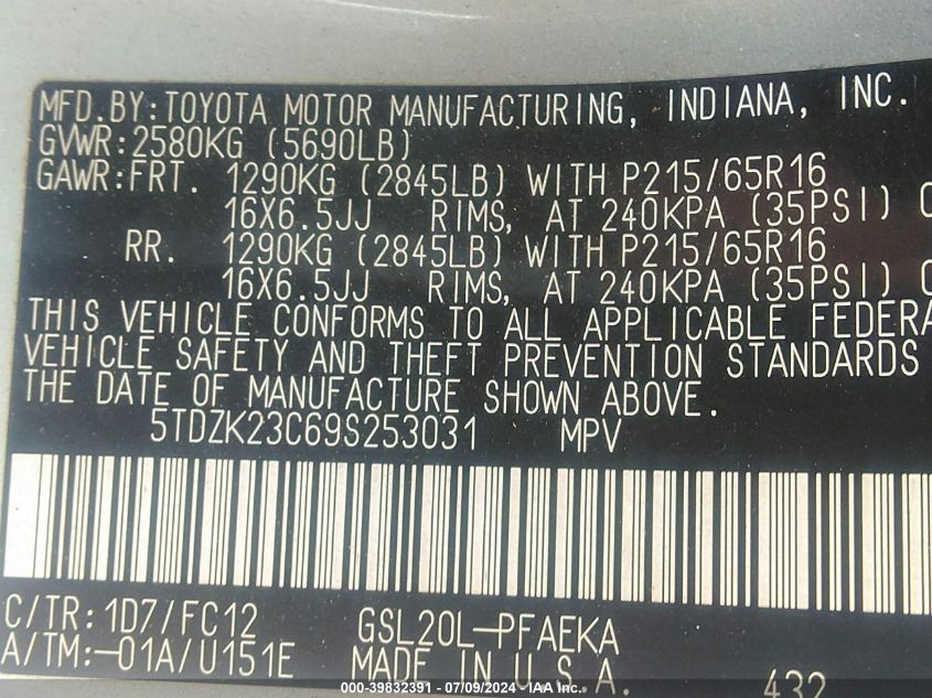 2009 Toyota Sienna Le VIN: 5TDZK23C69S253031 Lot: 39832391