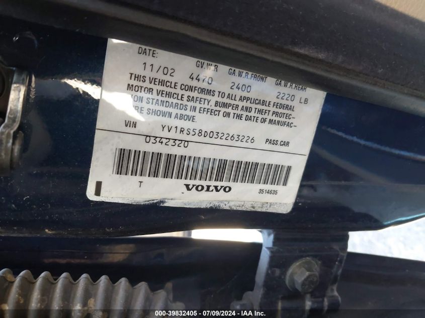 2003 Volvo S60 2.4T VIN: YV1RS58D032263226 Lot: 39832405