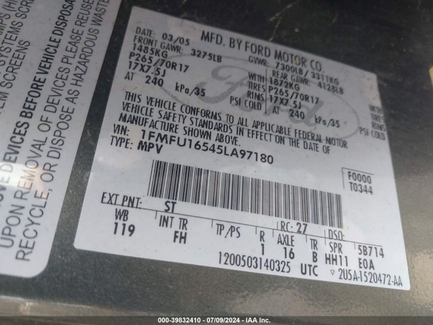 2005 Ford Expedition Nbx/Xlt VIN: 1FMFU16545LA97180 Lot: 39832410