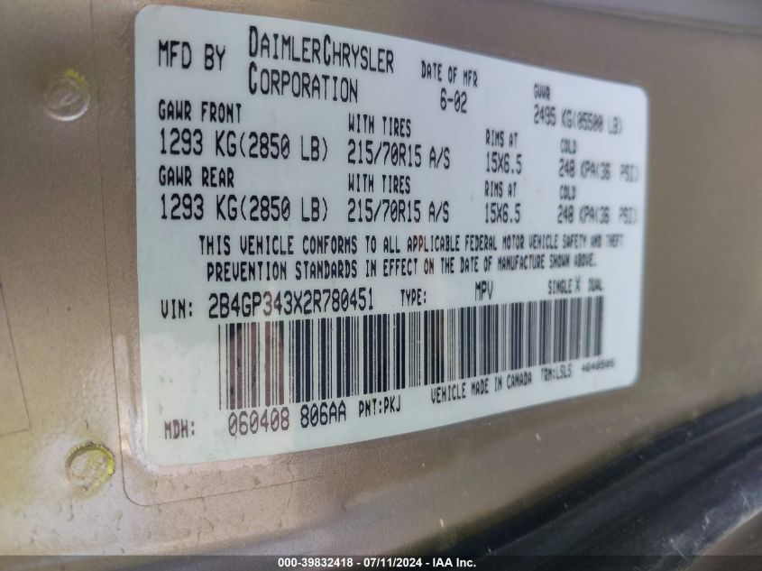 2002 Dodge Grand Caravan El VIN: 2B4GP343X2R780451 Lot: 39832418