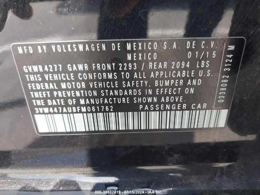2015 Volkswagen Gti VIN: 3VW447AU8FM061762 Lot: 39832419