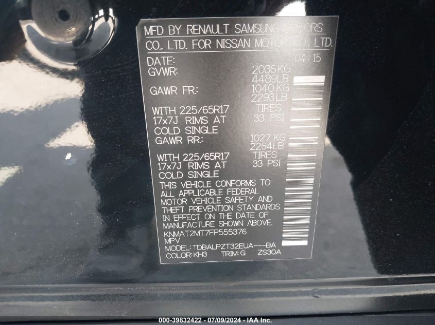 2015 Nissan Rogue S VIN: KNMAT2MT7FP555376 Lot: 39832422